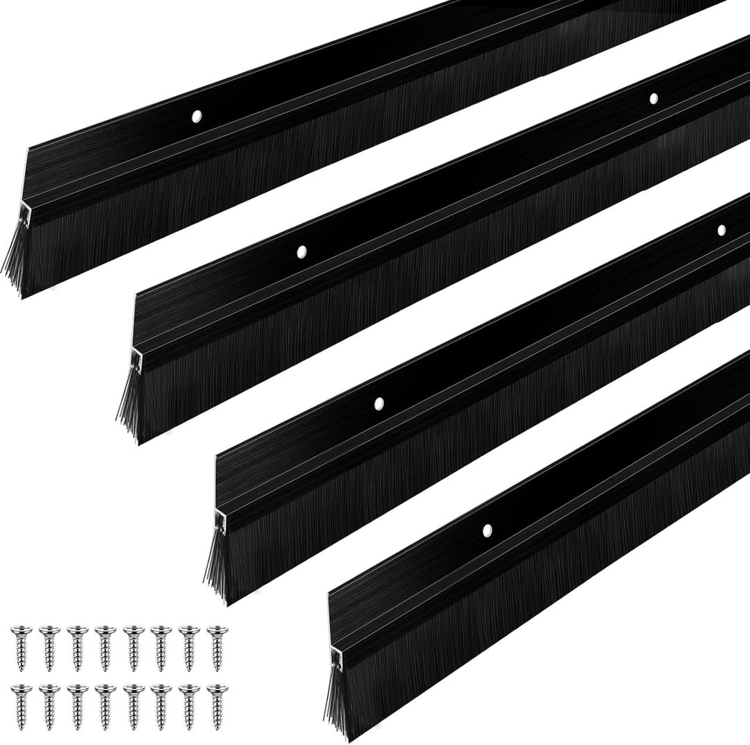 Frienda 4 Set Door Brush Bottom Sweep Brush Weather Stripping Aluminum Door Seal with Screws for Gaps up to 1 Inch, for Home, Commercial Gate, Fill Gaps Dust, Debris (1 x 36 Inch,Black)