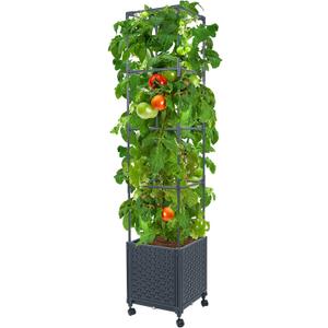 LINEX Raised Garden Bed Planter Box with Trellis, 56.7 Tomato Planters for Climbing Plants Vegetable Vine Flowers Outdoor Patio, Tomatoes Cage w/Self-Watering & Wheels (12.4*12.4*56.7 inch)