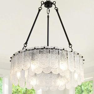 6-Light Drum Crystal Chandeliers, 20" Modern Black Crystal Chandeliers for Dining Room, Double-Layer Luxury Water Ripple Glass Chandelier, Round Pendant Light for Living Room Bedroom Entryway