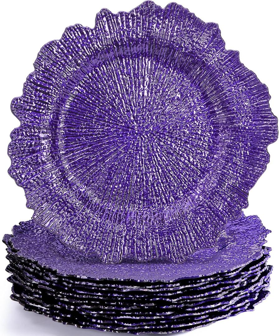 WUWEOT 12 Pack Purple Charger Plates, 12.7" Plastic Reef Dinner Under Plate, Round Charger Service Base Plate Bulk with Ruffled Rim for Party, Wedding, Catering Event, Tabletop Decor