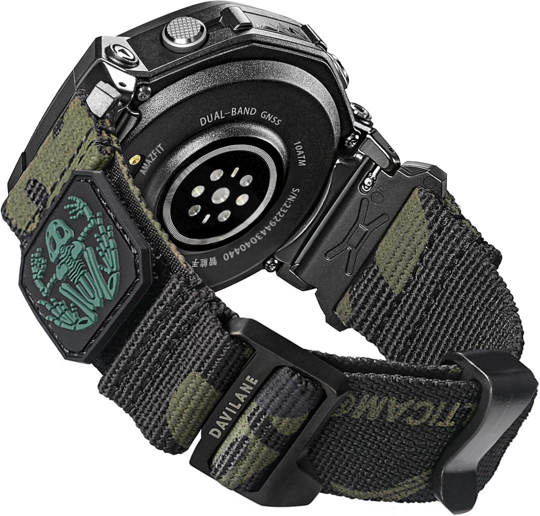 22mm Nylon Watch Band Compatible with Amazfit T-Rex 3, Military Patches Design, Rugged Quick Release Sports Replacement Watch Strap for Outdoor & Camping Running for Men Women