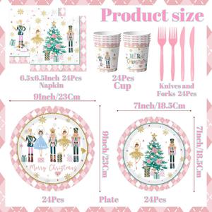 Christmas Party Tableware Decorations,144pcs Pink Christmas Paper Plates and Napkins, Cups, Forks and Knives Xmas Paper Dinnerware for Winter Holiday Party Supplies