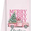 Pink Christmas Kitchen Towels 16x24 Inch, Coquette Pink Bow Christmas Tree Pickup Truck Christmas Hand Towels for Bathroom Decorative, Girly Xmas Dish Tea Towel for Kitchen Decor