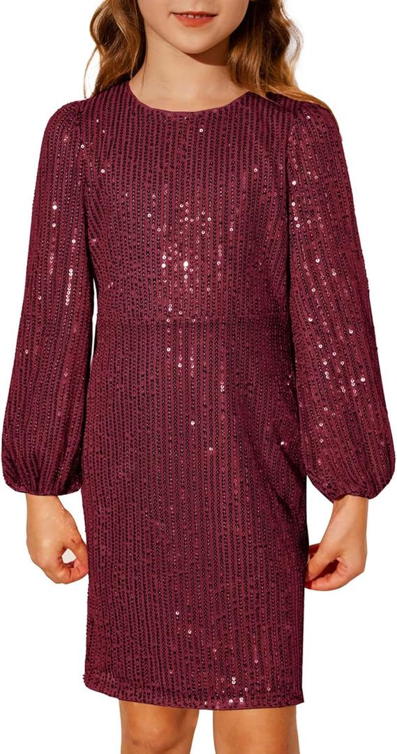 GRACE KARIN Girls Sparkly Sequin Formal Dress Long Sleeve Bodycon Fancy Party Dress (10 Years, Burgundy)