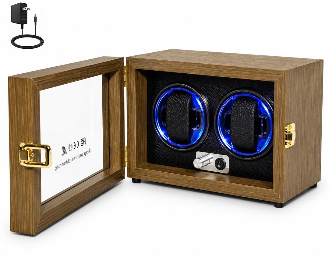 Lieinw Watch Winder for Automatic Watches, Walnut 9 Slots Winding Watch Box with Japanese Quiet Motor & Blue LED for Rolex and Auto Watches, Wooden Rotating Watch Case Used for Display, Storage & Gift