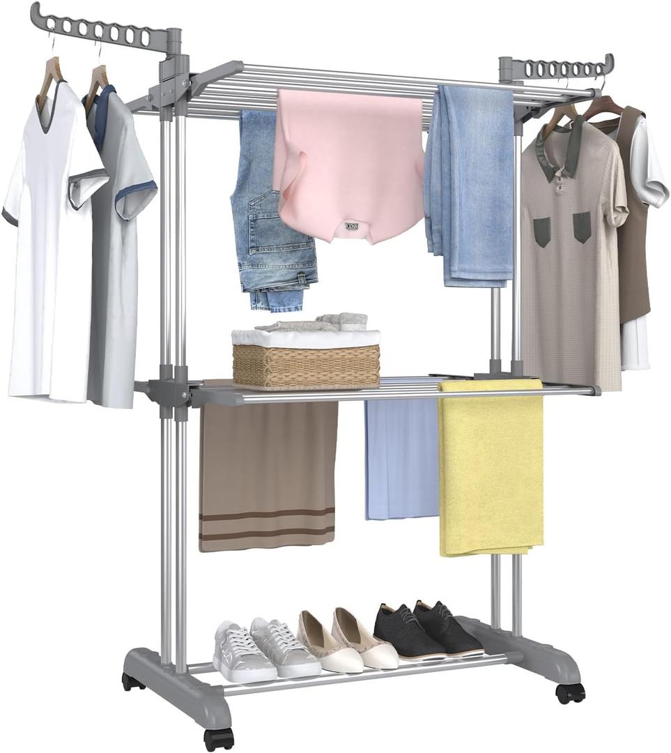 Bigzzia 3 Tier Clothes Drying Rack, 57 Inch Laundry Drying Rack, Foldable Stainless Steel Kids Clothing Rack, Movable Laundry Rack for Indoor Outdoor - Grey (Gray)