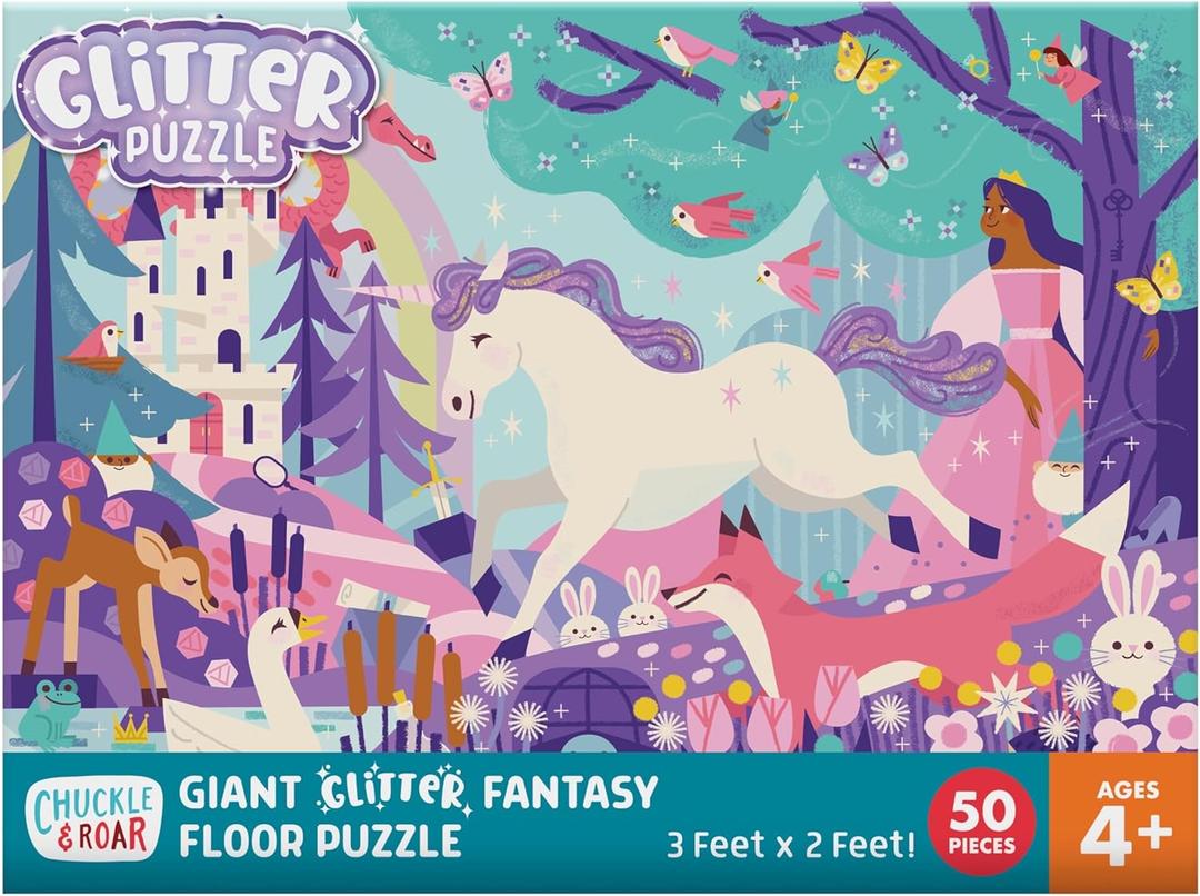 Chuckle & Roar Glitter Fantasy Fun Floor Puzzle 50 Piece Giant Kids Puzzle, 3 ft x 2 ft, Jumbo Pieces for Preschoolers, Screen-Free Play Ages 3+