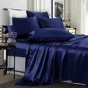 TREELY 6 Piece King Size Satin Sheet Set - Navy Blue, Deep Pocket, Fitted Sheet, Flat Sheet, 4 Pillowcases