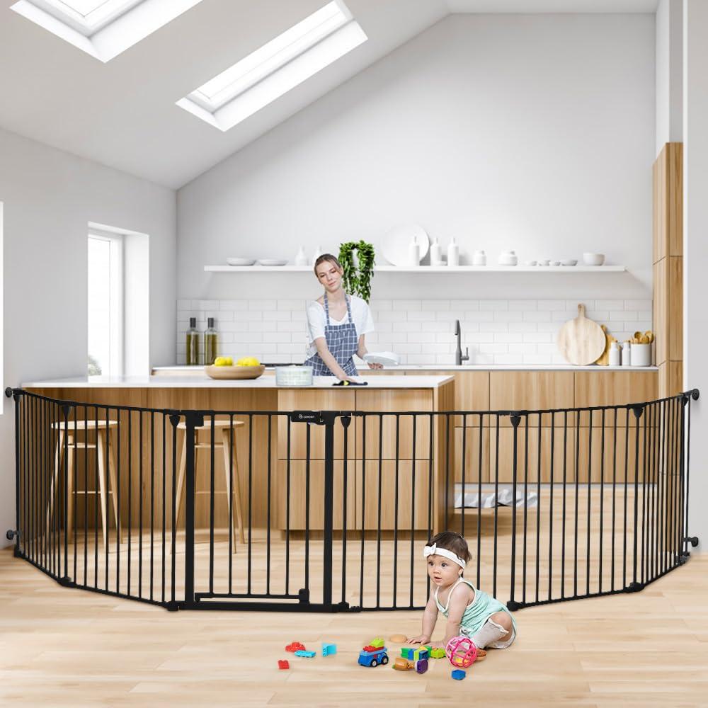COMOMY 150" Extra Wide Baby Gate with Door, Dog Gates for The House Doorways Fireplace, Auto Close Baby Fence Play Area, Walk Through Pet Gate, Hardware Mounted, 6-Panels (30" Tall, Black)