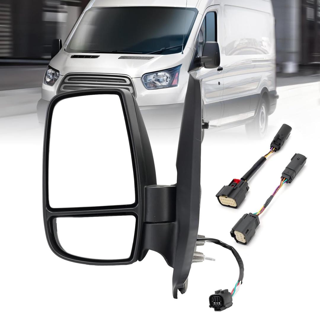 Driver Side Mirror,Mirror Assembly Compatible With 2015-2025 Ford Transit 150 250 350 350 HD,Transit Tow Power Glass,Towing Without Signal Light Non Heated,Black(Short Arm), Left Driver Side