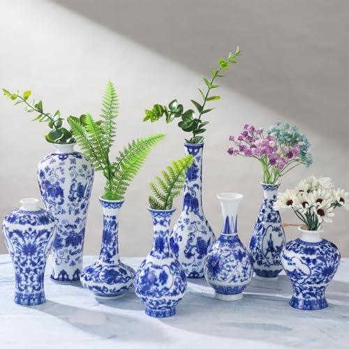 Hushee Set of 8 Small Blue and White Chinoiserie Vase Vintage Blue Ceramic Flower Vase Chinoiserie Decor for Home Table Decor Centerpieces Living Room Bookshelf(Vintage)