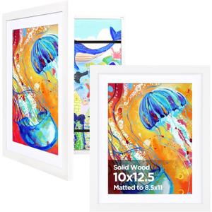 KINLINK 10x12.5 Kids Art Frame Set of 2, Solid Wood Kids Artwork Frames Changeable with Front Opening Hold 150 Pictures, Art Frames for Kids Art with Mat, without Mat 10x12.5 Picture Frame White