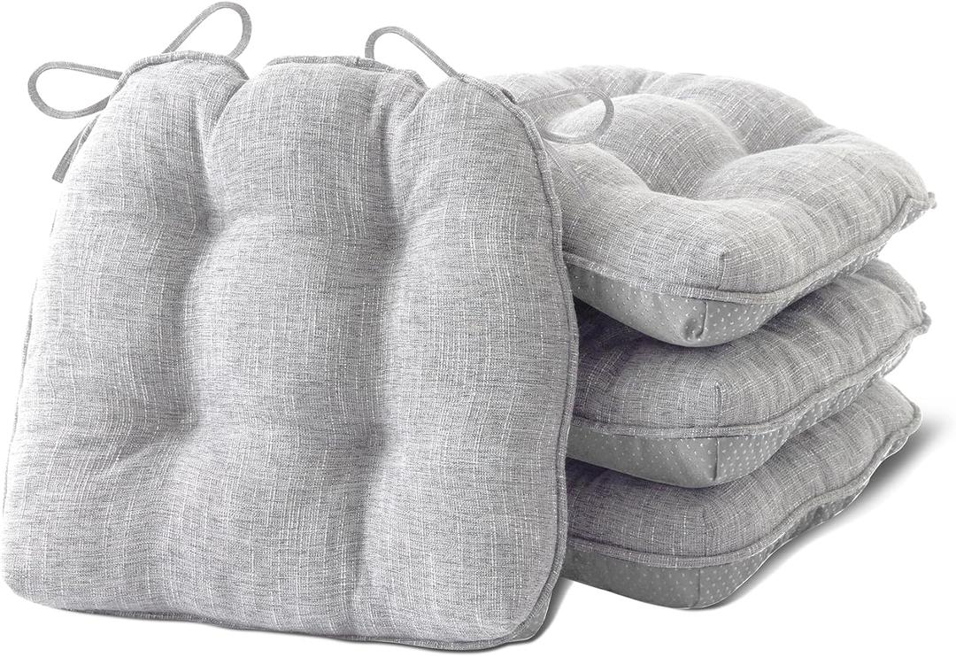 Chair Cushions for Dining Chairs Set of 4, Kitchen Chair Cushions, Chair Pads with Ties and Non Slip Backing, Tufted Memory Foam Seat Cushion 4 Pack, 15.5" x 15.5" x 4", Light Gray