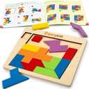 Coogam Wooden Puzzle Blocks Geometric Tangram Brain Teasers Jigsaw 3D Logic IQ Game Colorful Shape Pattern Montessori STEM Educational Toys Gift 60 Challenges for All Age