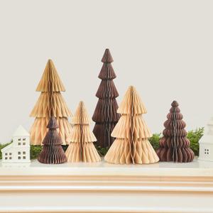 ReliThick 6 Pcs Paper Christmas Tree Decor 3D Honeycomb Trees Table Centerpiece for Modern Christmas Mantel Decorations Home Xmas Holiday Party Decorations (White, Brown) (Light Khaki, Coffee)