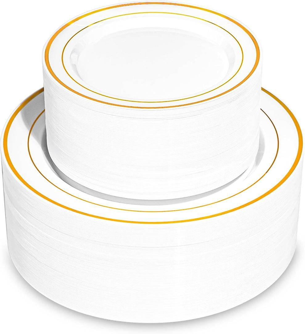 200PCS Gold Plastic Plates, Disposable Party Plates with Gold Rim, Include 100 Dinner Plate and 100 Elegant Dessert Plate for Party and Wedding