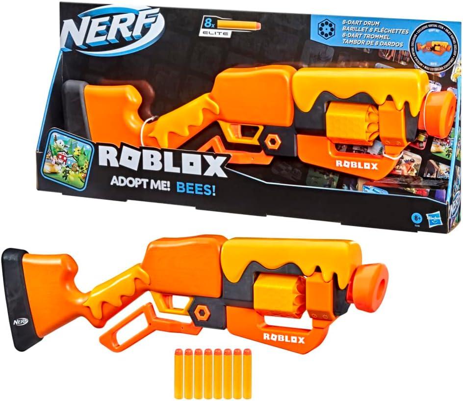 Nerf Roblox Adopt Me!: Bees! Lever Action Dart Blaster, Rotating 8-Dart Drum, 8 Elite Darts, Code to Unlock in-Game Virtual Item, Standard