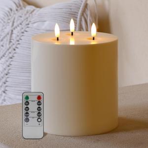 Large Outdoor Candles with Remote Waterproof 6"x6" Flickering Flameless Candles with 3 Wicks Plastic Big Battery Operated Candle for Indoor Outdoor Use, Ivory