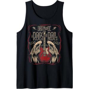 Vintage Retro Style 80s Guitar with Wings Rock and Roll Tank Top (Small, Black)