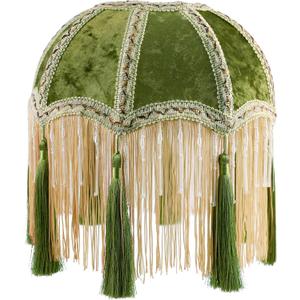 Elegant Victorian Style Lamp Shade with Fringe, Olive Green Velvet Fabric, Scalloped Bell Shape, Replacement Top for Antique Vintage Lamps, 9.8 x 11.3inch