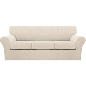 Turquoize 4 Piece Sofa Covers for 3 Cushion Couch Sofa Slipcover Soft Couch Cover for Dogs Washable Furniture Cover with 3 Individual Large Cushion Covers Feature Fabric (Large Sofa, Biscotti Beige)