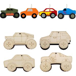 40 Pcs Unfinished Monster Truck Wood Cutouts Cute Vehicles Wooden Ornaments Craft Slices to Paint Mini DIY Blank Wood Discs Gift Tags with Holes Rope for Home Crafts Hanging Decoration