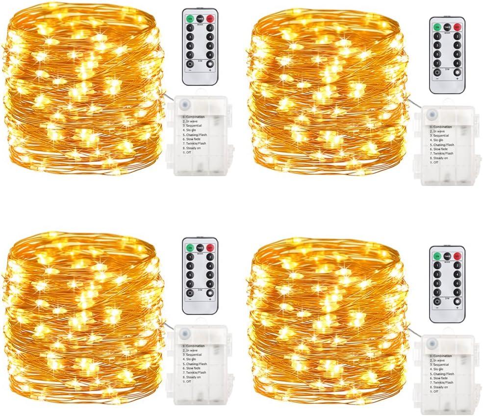 GDEALER 4 Pack 16.4 Feet 50 Led Fairy Lights Battery Operated with Remote Control Timer Waterproof Copper Wire Twinkle String Lights for Christmas Bedroom Indoor Outdoor Wedding Dorm Decor Warm White