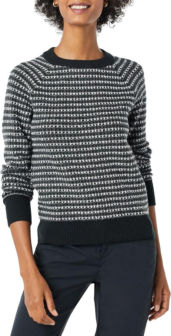 Amazon Essentials Crewneck Sweater for Women, Soft-Touch (Small, Black Charcoal White Stripe)