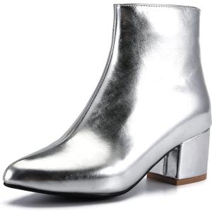 LIURUIJIA Women's Pointed Toe Ankle Boots Mid Chunky Heel Side Zipper Lined Fall Winter Fashion Boots (9, Silver)