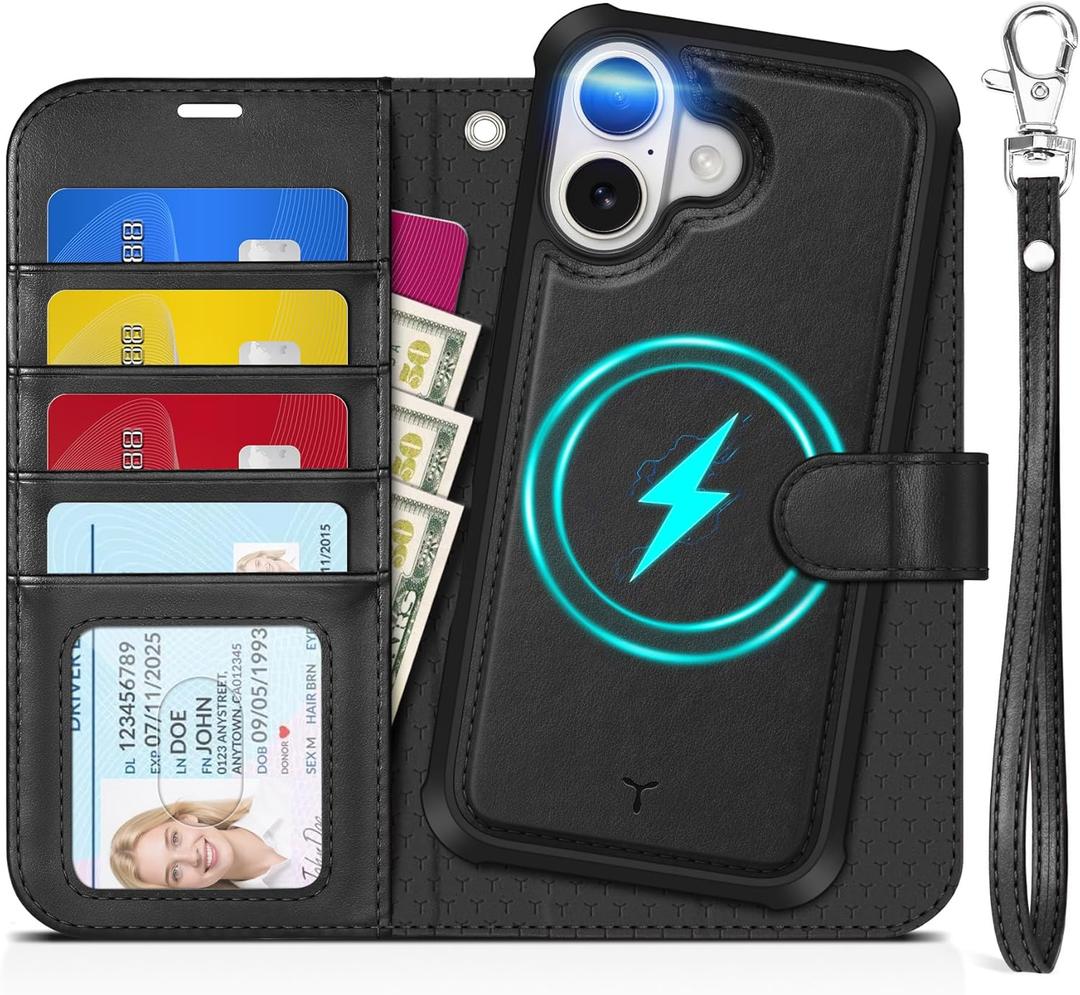 TUCCH 2-in-1 Detachable Wallet Case for iPhone 17 (6.3-inch) 2025, Wireless Charging | RFID Blocking 4 Card Holders | Wrist Strap | Kickstand | Magnetic | PU Leather | Protective Flip Cover | Black