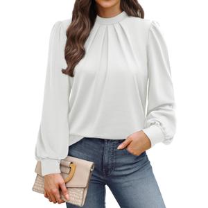 WIHOLL Long Sleeve Shirts for Women Mock Neck Tops Pleated Front Blouses Dressy Casual Spring Fall Clothes 2026 Fashion (Medium, 04 - White)
