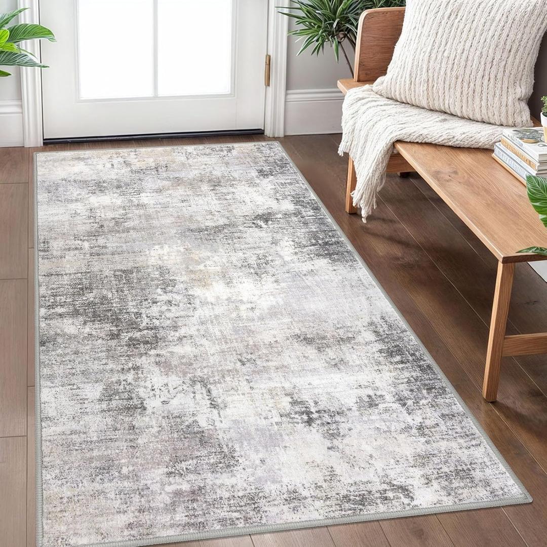IOHOUZE Abstract Area Rug 3x5 Ft Washable Rugs for Entryway Indoor, Non Slip Kitchen Rug Printed Faux Wool Throw Rugs, Indoor Door Mat for Door Entrance Foyer Living Room, Grey Beige
