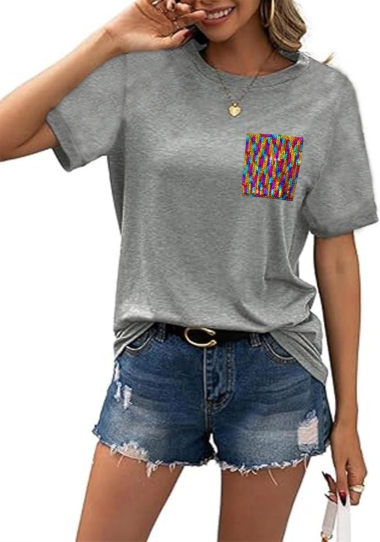 Women Sequined Splicing Short Sleeve T-Shirt Fashion Sparkle Sequin Party Tops Glitter Summer Beach Vacation Tee Shirt (L)