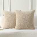 FUTEI Beige Throw Pillow Covers 16x16 Inch Set of 2,Furry Faux Fur Teddy Boucle Textured Cushion Covers,Soft Fluffy Decorative Pillow Case,Home Decor for Couch Bed Living Room Office Car