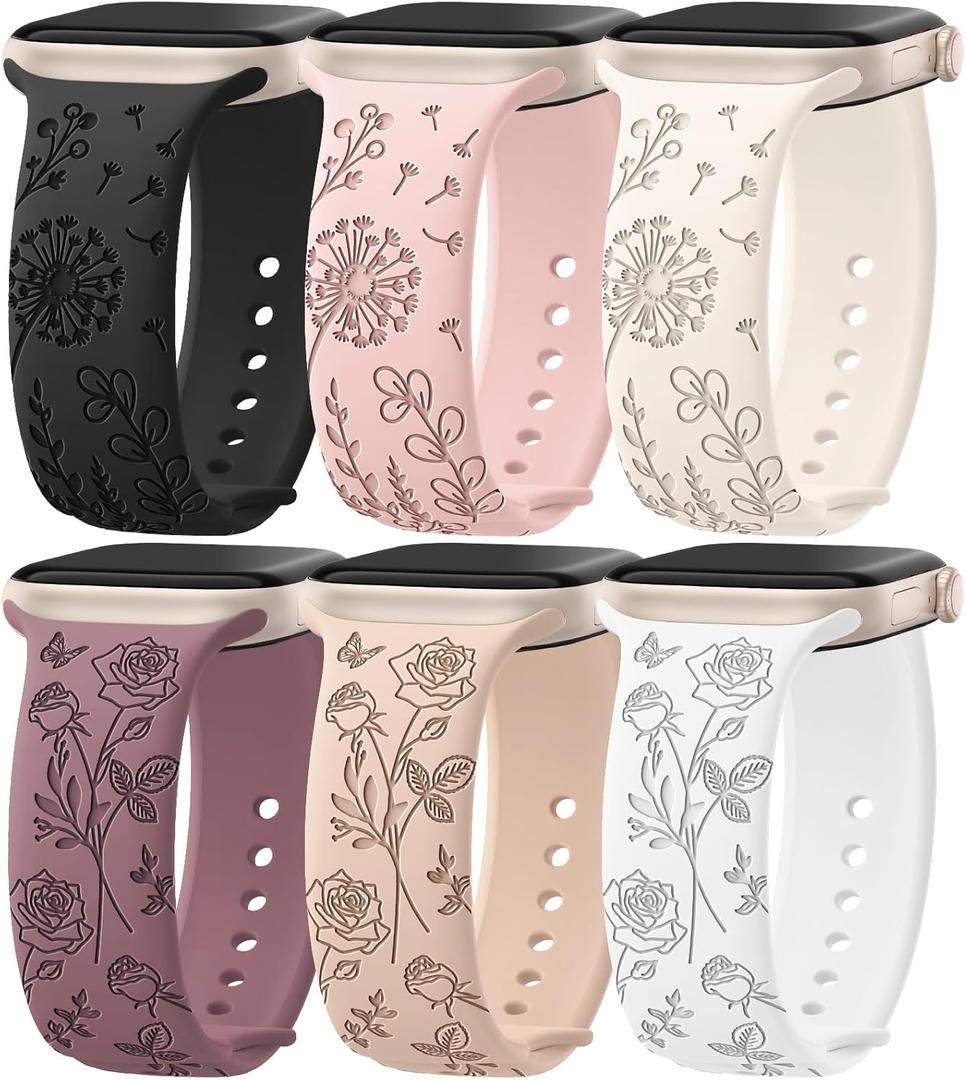 6 Pack Floral Engraved Silicone Bands Compatible for Apple Watch Band 38mm 40mm 41mm 42mm 44mm 45mm 46mm 49mm Women,Flower Sport Straps for iWatch Series 10 9 8 se Ultra 7 6 5 4 3 2 (Black/Starlight/Pink/Milk Tea/Smoke Violet/White)