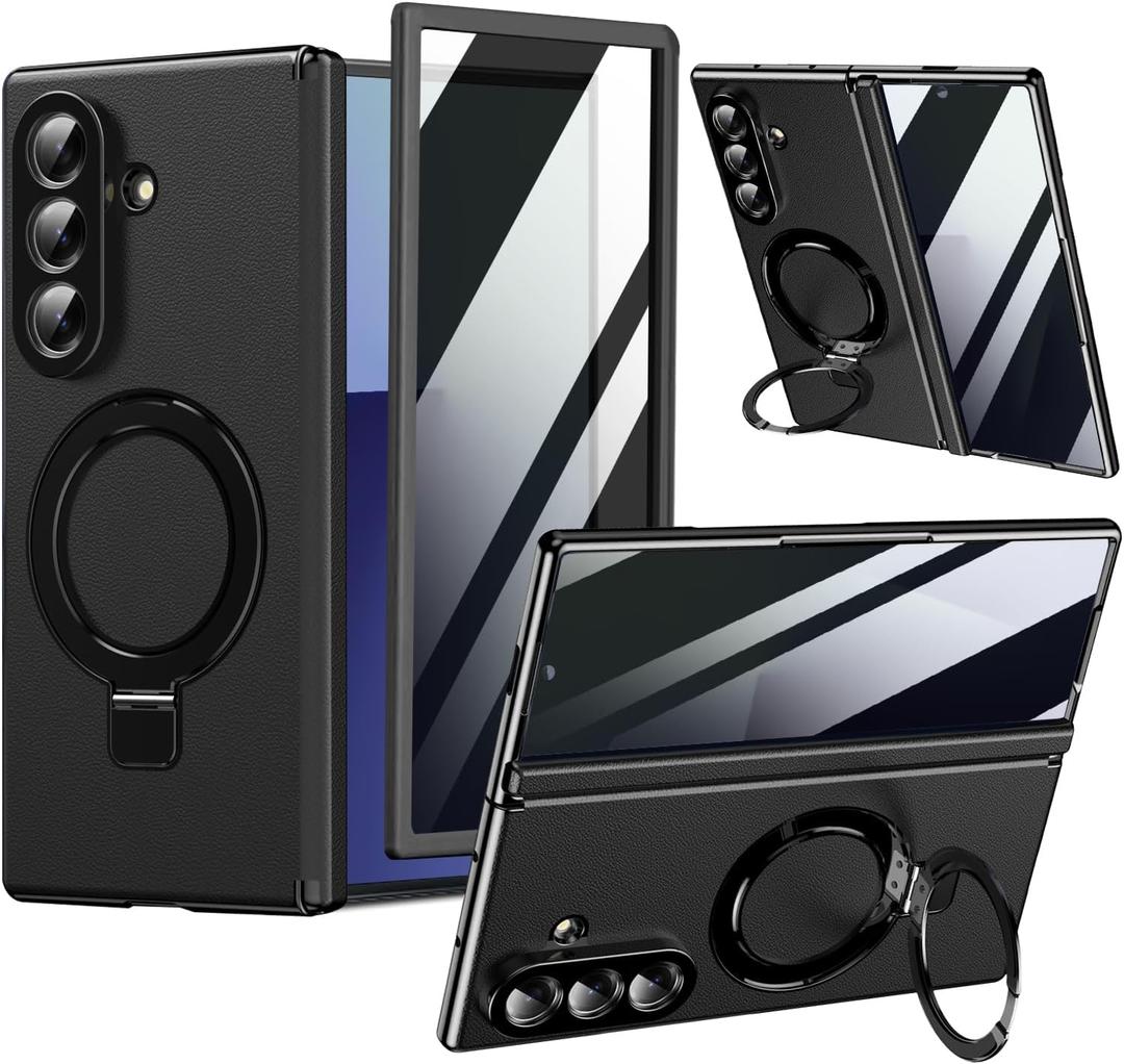 for Samsung Galaxy Z Fold 7 Magnetic Case with Privacy Screen Protector, Hinge Protection & Magnetic Kickstand, Luxury Premium Leather Slim Fit Protective Phone Case for Galaxy Z Fold7 Case, Black