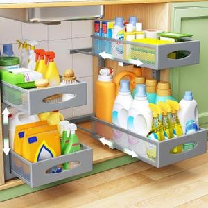 Under Sink Organizer, 2 Tier Pull out Cabinet Organizer Baskets with Mesh Sliding Drawers, Slide out Storage Shelf for Home, Kitchen, Bathroom, Pantry, Office, Countertop(1 Pack,Grey)
