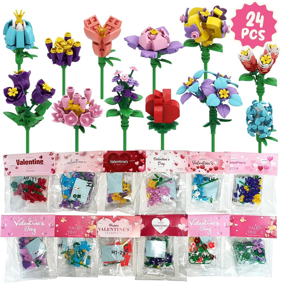 24Pcs Valentine's Day Gifts Party Favor Valentines Small Flower with Valentine Greeting Cards Bouquet Building Blocks Toys for Boys Girls Gifts School Exchange Prize Party Favors