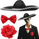 JenPen 3 Pcs Halloween Day of the Dead Mariachi Senor Adult Costume Accessory Silver Trim Black Sombrero, Bow Tie, Rose Decor