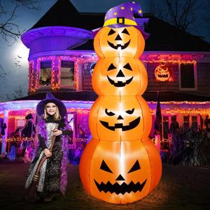 B&D 8FT Halloween Inflatable Outdoor Decoration Stacked Pumpkins with Witch’s Hat, Inflatable Halloween Decorations Blow up Pumpkin Built-in LEDs for Holiday Party Indoor Outdoor Yard Garden Lawn