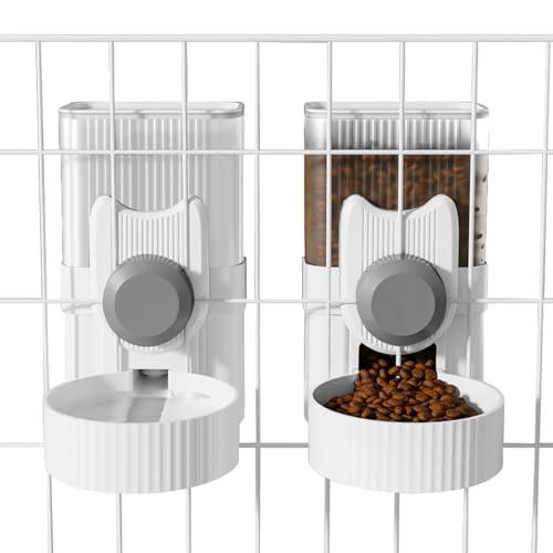 Hanging Cage Automatic Small Pet Food Bowl Water Bottle Dispenser, 1L Auto Gravity Pet Feeder and Waterer Set Kennel Feeding Station Crate Feeder Dish for Rabbit Puppy Cats Ferret (Grey)