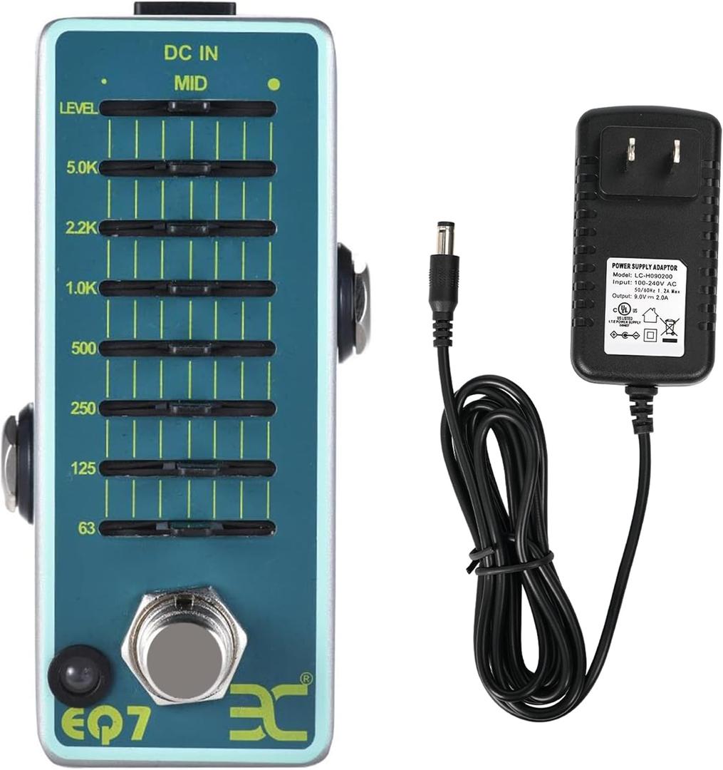 EX 7 Band EQ Mini Equalizer Guitar Pedal and Tip Negative 9V 2A Guitar Pedal Power Supply Adapter Pack (EQ Pedal and Power Pack)