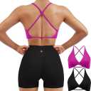 SUUKSESS Women 2 Piece Open Back Strappy Sports Bra Pack Twist V Neck Workout Crops (Small, #2 Hot Pink & Black)