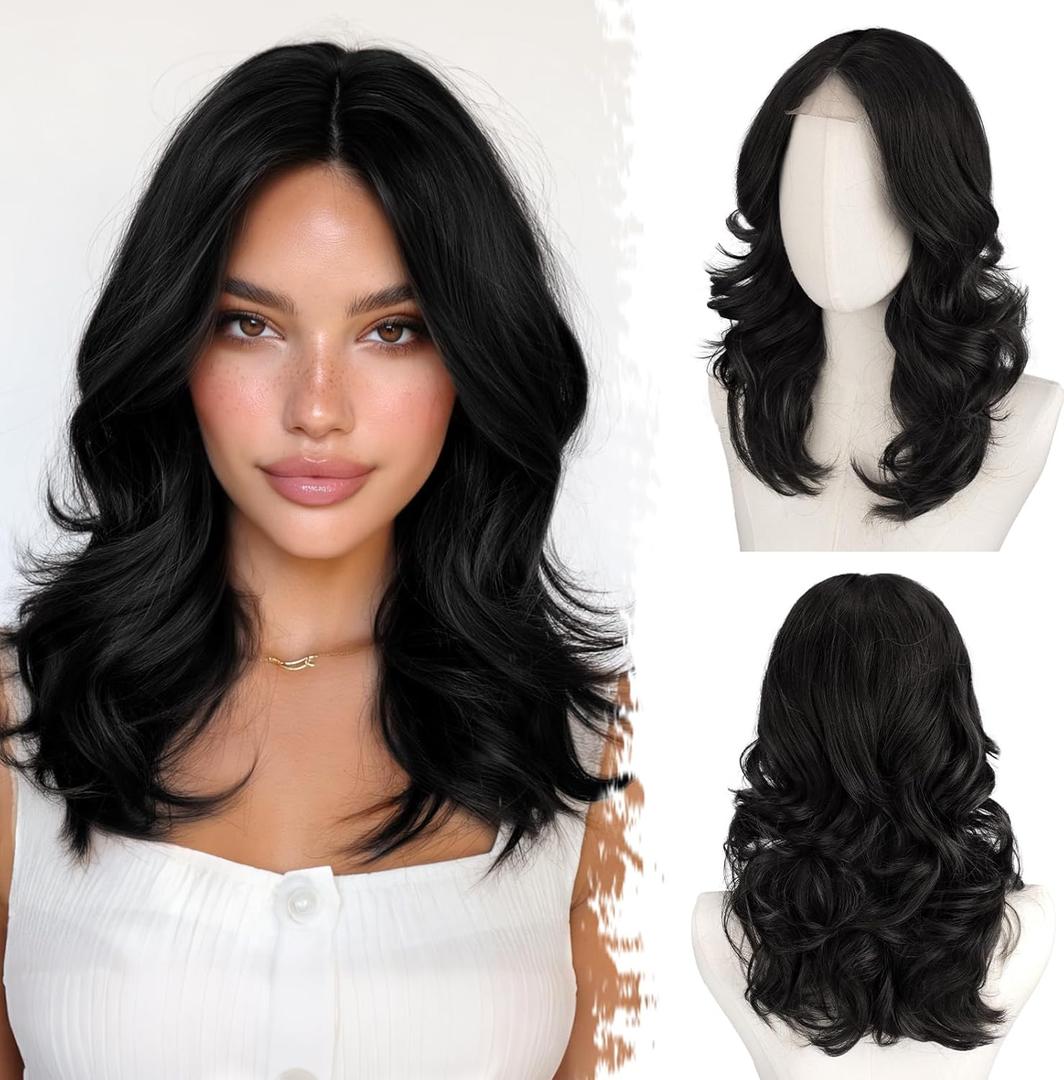BARSDAR Short Wavy Layered Black Wig - Shoulder Length Wavy Black Wigs for Women - Short Loose Wave Textured Layered Bob Wig with Face-Framing Curtain Bangs Soft Synthetic Natural Looking Daily Party (16 Inch)