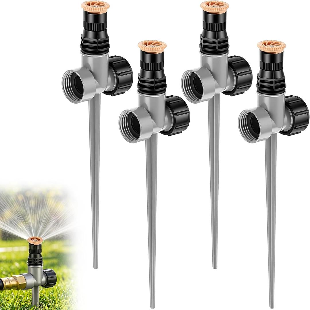 Tioncy 4 Pack Lawn Water Sprinkler 360 Degree Automatic Rotating Garden Hose Sprinkler on Spike Base for Yard with Stake Adjustable Grass Water Sprayer System for Nurseries Greenhouse