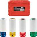 4-Piece 1/2" Drive Wheel Protector Impact Socket Set, Non-Marring Protective Wheel Lug Nut Impact Socket Set, includes sizes 17mm, 19mm, 21mm, and 22mm