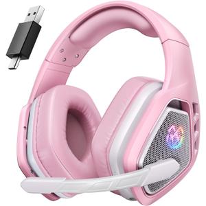 Tatybo Wireless Gaming Headset for PC, Ps5, Ps4, 2.4 Ghz USB & Type-C Gaming Headphones with Microphone, 30H Battery Bluetooth Headphones for Switch, Laptop, Mobile, Mac (Pink)