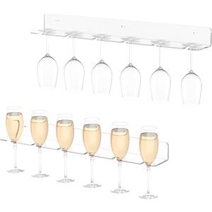 Champagne Wall Holder for Party 50, Clear Acrylic Wall Mounted Wine Glass Holder, Under Cabinet Wine Glass Holder Rack (6 Glasses 2 Pack)