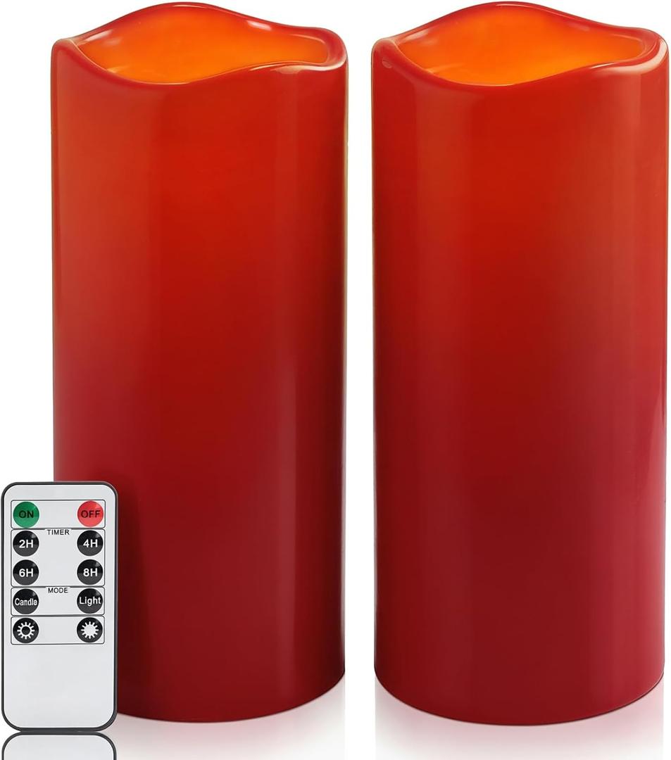 Homemory 4"x10" Burgundy Flameless Candles, Red Candles, Outdoor Waterproof Flameless Candles with Remote and Timers, Battery Operated LED Pillar Candles, Christmas Decor, Won't Melt Plastic, Set of 2