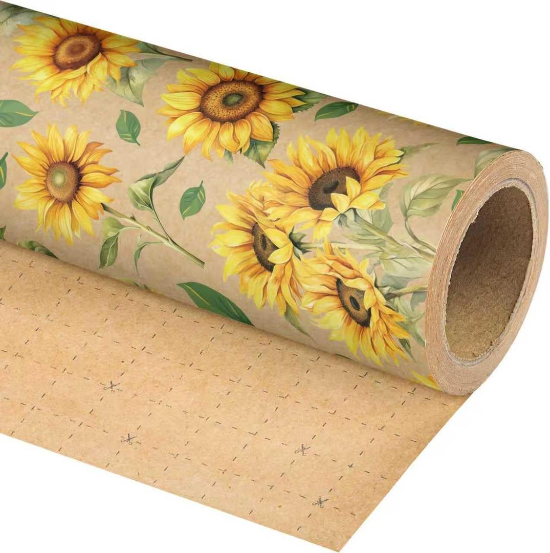 Altarho Kraft Sunflower Wrapping Paper Roll - Watercolor Sunflower Floral Gift Wrap Design for Birthday Holiday Wedding Bridal Shower Mothers Day Total 28.5 sq.ft, 6 sheet